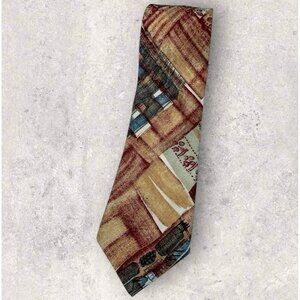 NEW LE SCHANS Silk Linen Tie ITALY Beige Burgundy Blue Art W:4"